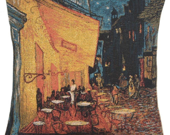 Van Gogh Cafe Terrace at Night Pillow Cover: Woven Belgian Tapestry (18x18)