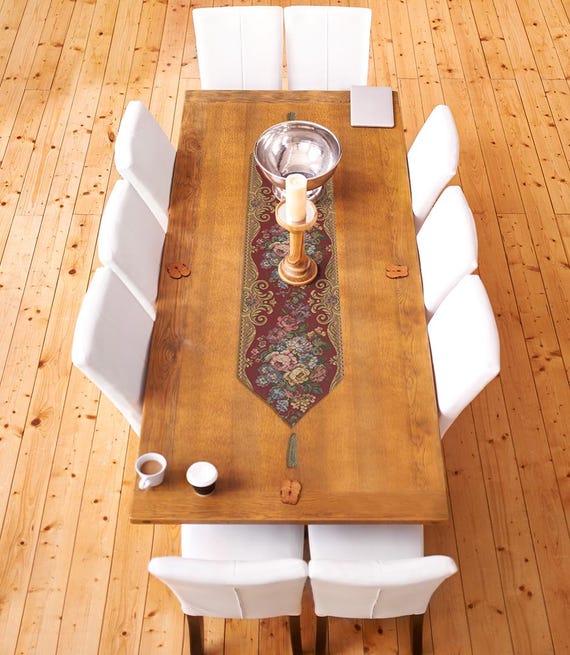 Floral Jacquard Table Runner: Elegant European Tapestry, Woven in Belgium