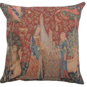 The Hearing I Small Cushion Cover Medieval Tapestry Pillow Cover Floral Throw Tapestry Cushion Cover 14x14 inch Decorative Pillowcover image 1