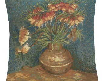Lilies by Van Gogh French Tapestry Cushion Cover - 19x19 inch Sofa Pillow Cover - Woven Jacquard Pillow Cover - Floral Throw Cushion Cover