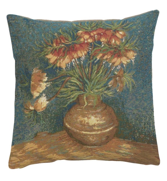 Van Gogh Lilies Tapestry Pillow Cover: French Woven Floral Cushion (19x19 inch)