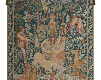 Licorne A La Fontaine European Wall Tapestry - Millefleurs Wall Hanging - Unicorn Lover Woven Wall Tapestry - Animals Medieval Wall Hanging
