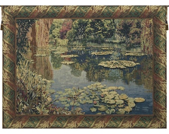 Lake Giverny European Wall Tapestry | Decorative Wall Art | Lily Floral Pond With Classic Border Hanging | Jacquard Woven Decor Wall Art