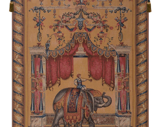 French Elephant Tapestry: Woven Jacquard Wall Hanging, Antique Floral Art