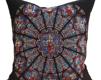 Vitrail Stained Glass Tapestry Throw Pillow Cover 18x18 in Belgian Woven Art Design