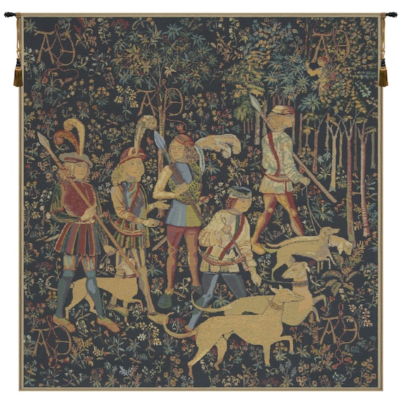 Millefleurs Hunting Tapestry: Medieval Gobelin Jacquard Wall Hanging
