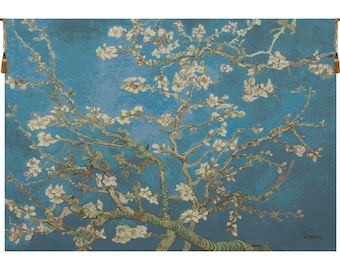 Amandier European Wall Tapestry - Floral Decorative Wall Art - Blue Background Wall Tapestry - Van Gogh White Flower Wall Hanging