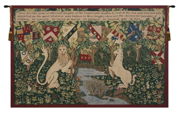 William Morris Tapestry: Medieval Knights, Lion & Unicorn - Woven Belgian Art