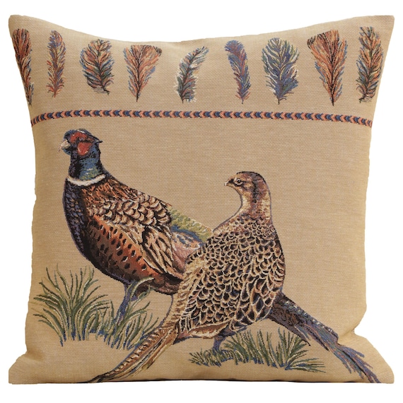 Pheasant Tapestry Pillow Cover: Belgian Woven Cotton Cushion (18x18)