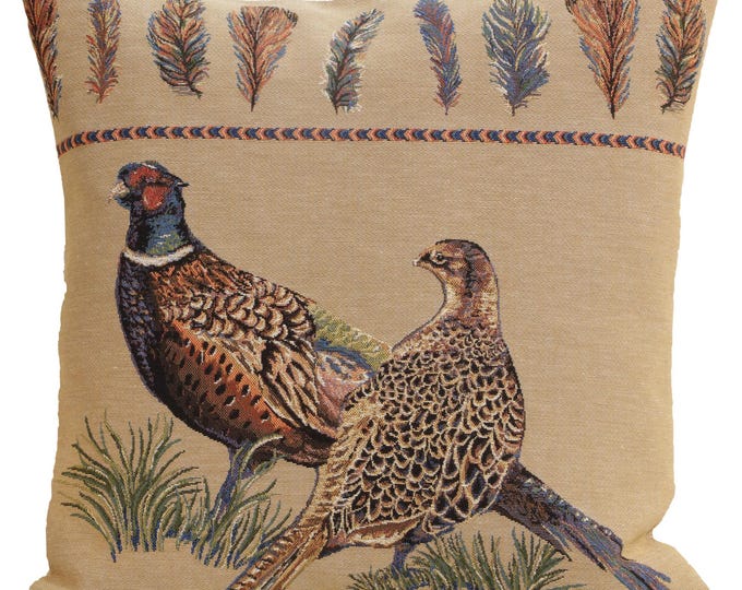 Pheasant Tapestry Pillow Cover: Belgian Woven Cotton Cushion (18x18)