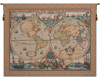 Maritime Map Large European Wall Tapestry - Antique Jacquard Wall Decor Art - Woven French Wall Tapestry - Map Art Decorative Wall Hanging