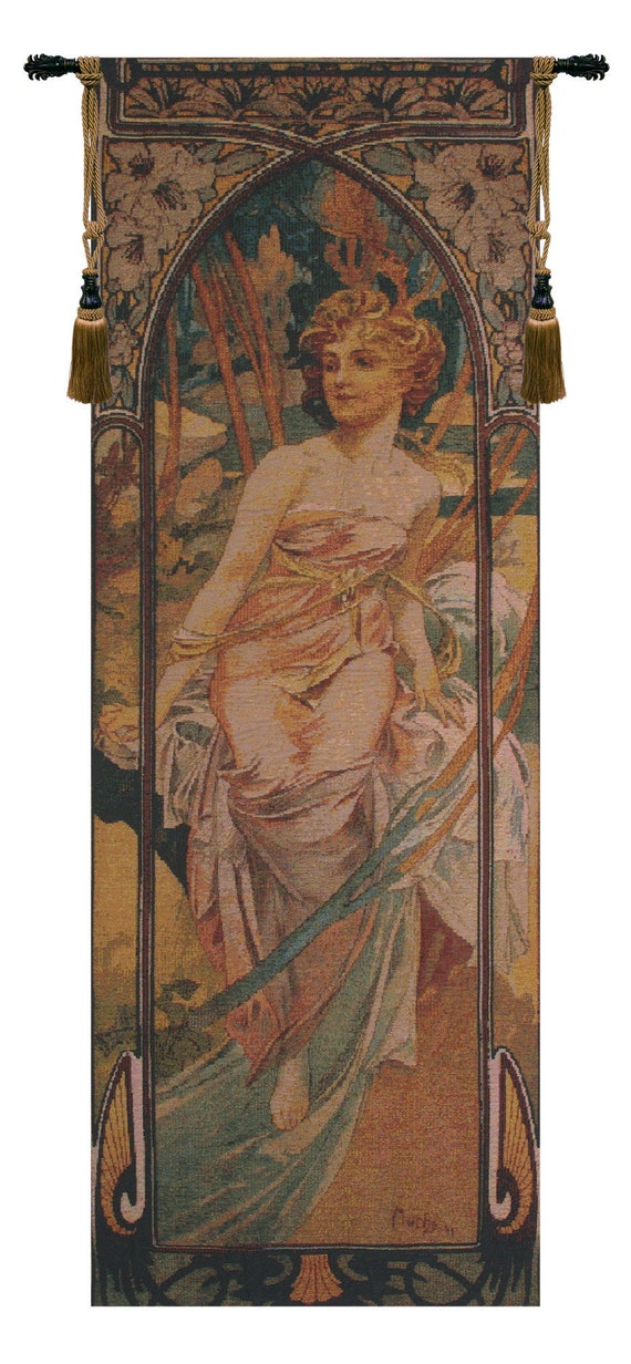 Art Nouveau Jacquard Wall Tapestry: Mucha-Inspired European Decor with Young Women