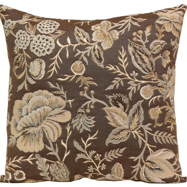 Peony Grey (A) Tapestry Cushion Cover | 19x19 inch | Jacquard Woven in France | Brown Floral Cushion Cover with Peonies