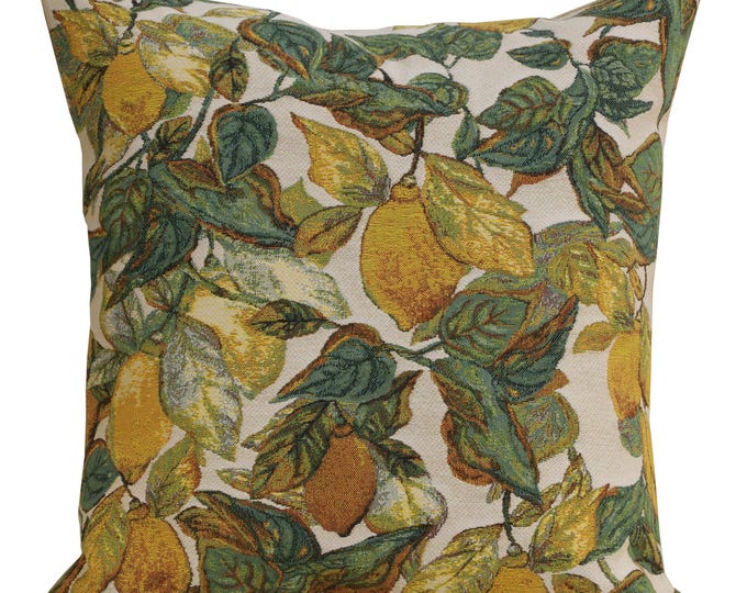 Lemon Tapestry Pillow Cover Citrus Floral Botanical Belgian Woven Cushion Decor 18x18 in