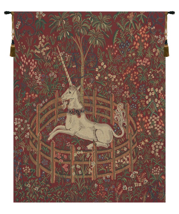 Unicorn in Captivity Tapestry: Jacquard Woven Medieval Wall Hanging