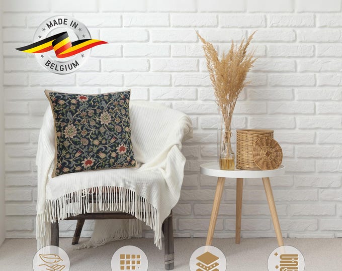 William Morris Blue Floral Tapestry Pillow Cover: Jacquard Woven Cushion