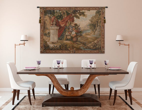 Vintage French Bouquet Landscape Tapestry - Woven European Wall Art Hanging with Flowers and Trees