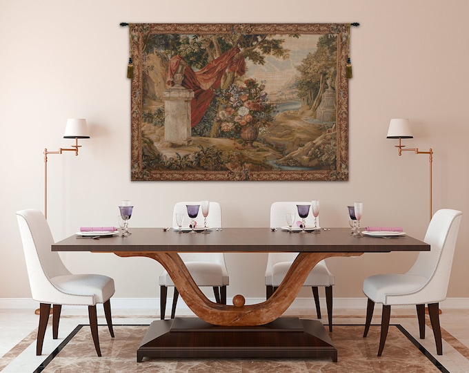 Vintage French Bouquet Landscape Tapestry - Woven European Wall Art Hanging with Flowers and Trees