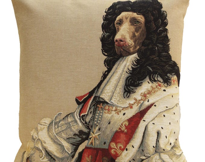 Louis XIV Dog Tapestry Pillow Cover: Belgian Woven Cotton Cushion (18x18)