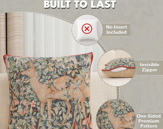 William Morris Tapestry Pillow Cover: Forest Deer Design, 14x14 Inch