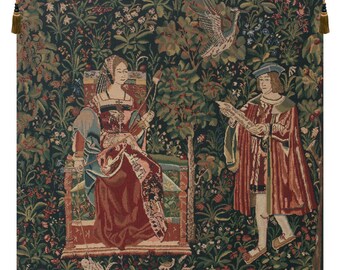 Reading in the Garden Belgian Wall Tapestry Hangings - Green Gobelin Woven Wall Hanging - Medieval Decorative Wall Art