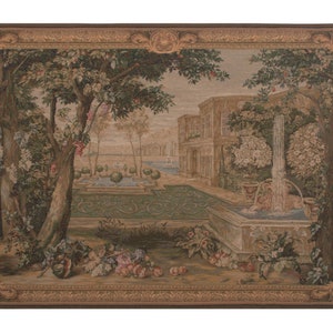 Verdure Fontaine European Jacquard Tapestry - Medieval Landscape Wall Art - Woven Decor Hanging