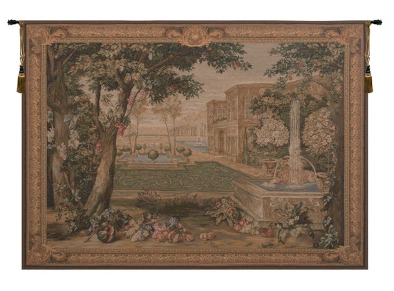 Verdure Fontaine European Jacquard Tapestry - Medieval Landscape Wall Art - Woven Decor Hanging