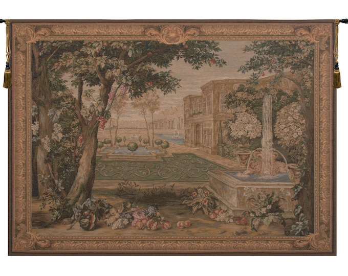 Verdure Fontaine European Jacquard Tapestry - Medieval Landscape Wall Art - Woven Decor Hanging
