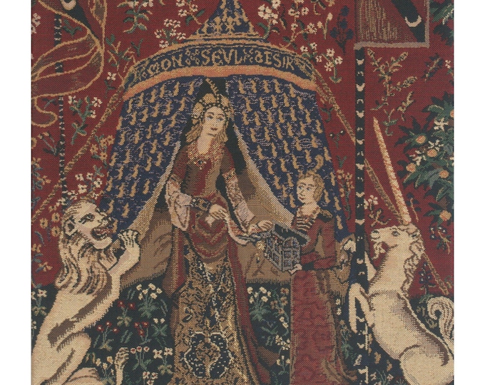 Lady and Unicorn Tapestry: Medieval Woven Wall Decor (27x16 inch)