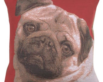 Pugs Red French Tapestry Cushion Cover, Woven Cushion Cover, 14x14 inch Cushion Cover, Decorative Throw Pillow Cover, Pet lover gift