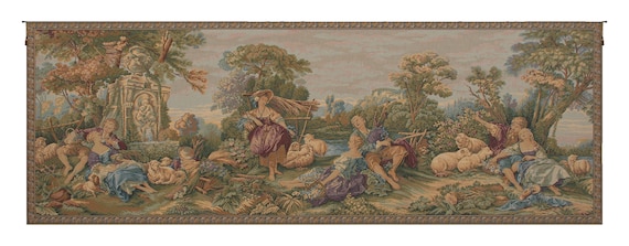 Pastorale Wall Tapestry: Woven Italian Art, Romantic Scene (26x76 inch)
