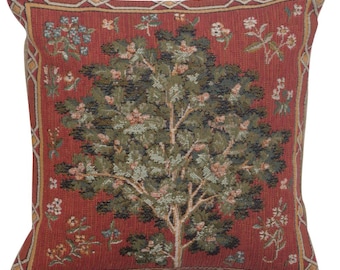 Medieval Oak Tapestry Pillow Cover - European Jacquard Cushion Cover - Red Floral Throw Pillow case for Couch or Sofa