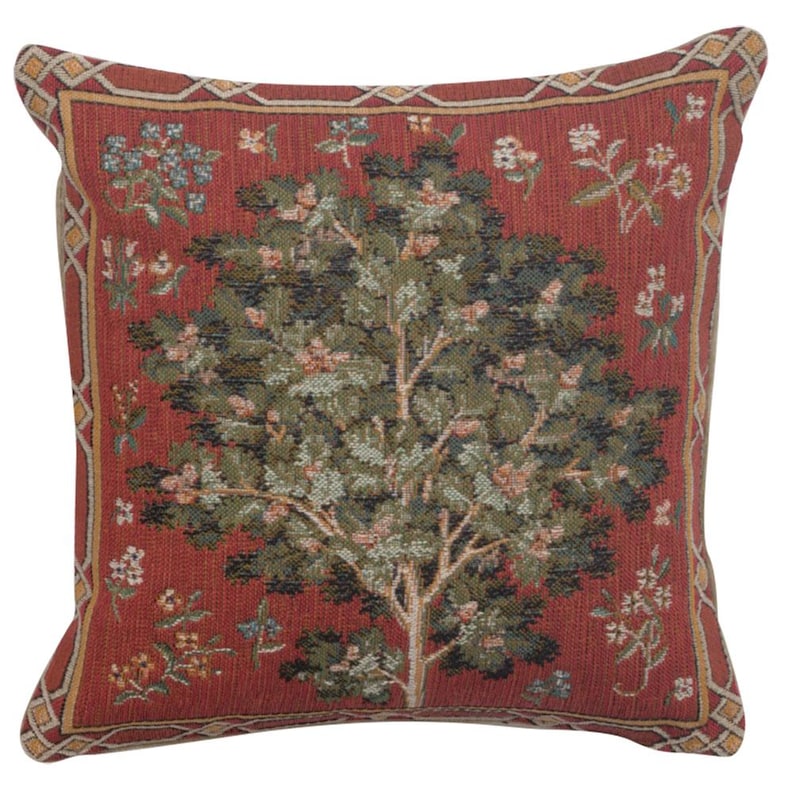 May include: Red square throw pillow with a tapestry design of a green tree with brown branches and pink flowers on a red background.