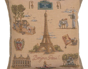 Paris Tour Eiffel Tapestry Cushion Cover - Woven Cream Cushion Cover - Gobelin Sofa French Pillow Cover - 19x19 inch Throw Pillow Cover