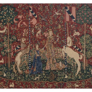 Taste Lady and Unicorn European Wall Tapestry - Medieval Wall Art - Belgian Tapestry Wall Hanging - Mille Fleurs Background Wall Décor Art