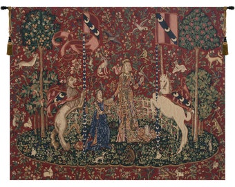 Taste Lady and Unicorn European Wall Tapestry - Medieval Wall Art - Belgian Tapestry Wall Hanging - Mille Fleurs Background Wall Décor Art