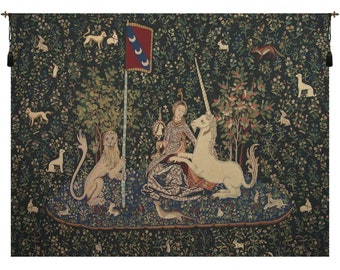 Lady and the Mirror Dark European Wall Tapestry - Jacquard Woven Wall Décor Art - Green Medieval Wall Hanging - Unicorn Decorative Wall Art