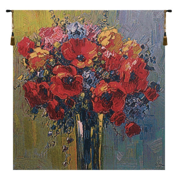 Poppy Bouquet Jacquard Tapestry: European Floral Wall Decor