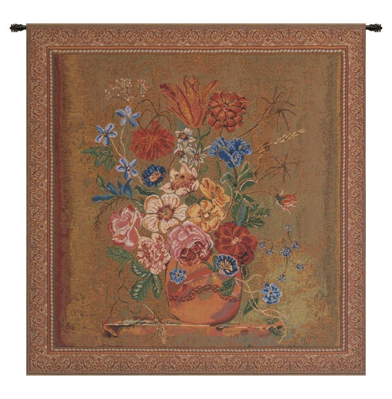 Verendael Terracotta Floral Tapestry: European Woven Wall Hanging