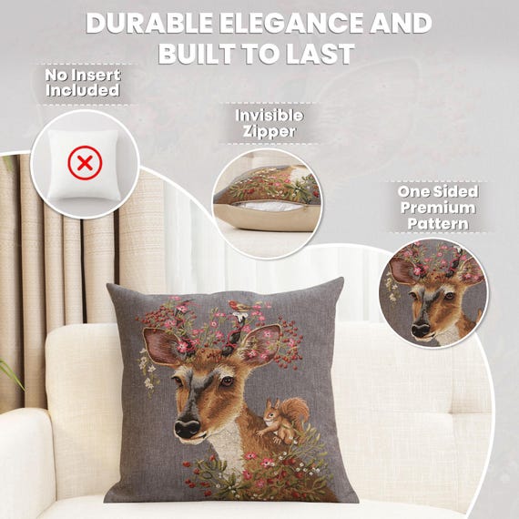 Forest Deer Tapestry Pillow Cover: Elegant Belgian Woven Cushion, 18x18 inch