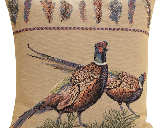 Pheasants Tapestry Pillow Cover: Belgian Woven Cotton Cushion (18x18 inch)