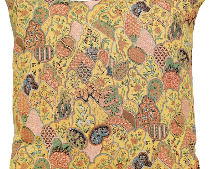 Mosaique Chinoise Yellow Decorative Tapestry Cushion, Pillow Cover, Couch, Sofa Accessory, (19x19", Woven in France)