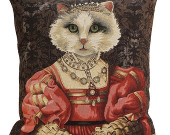Royal Cat with Crown Belgian Cushion Cover 18x18 inch – Renaissance Style Decorative Pillow Cover – Woven Throw Pillows Case