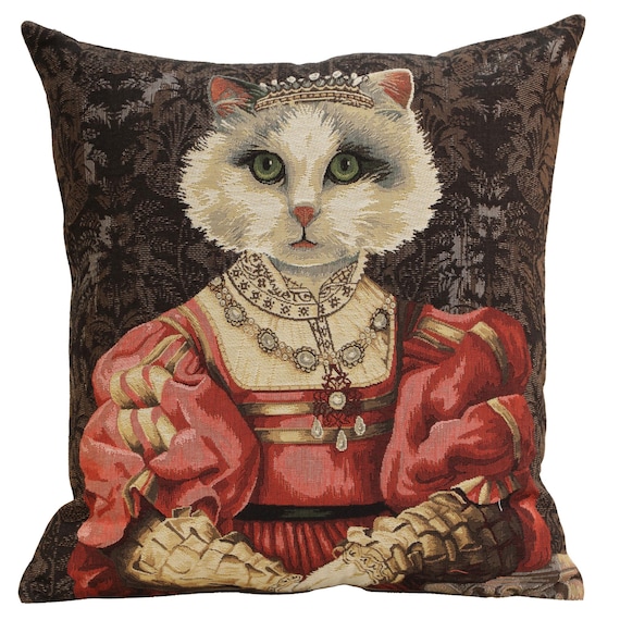 Royal Cat with Crown Cushion Cover: Renaissance Tapestry Pillow (18x18 inch)