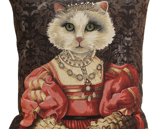 Royal Cat with Crown Cushion Cover: Renaissance Tapestry Pillow (18x18 inch)