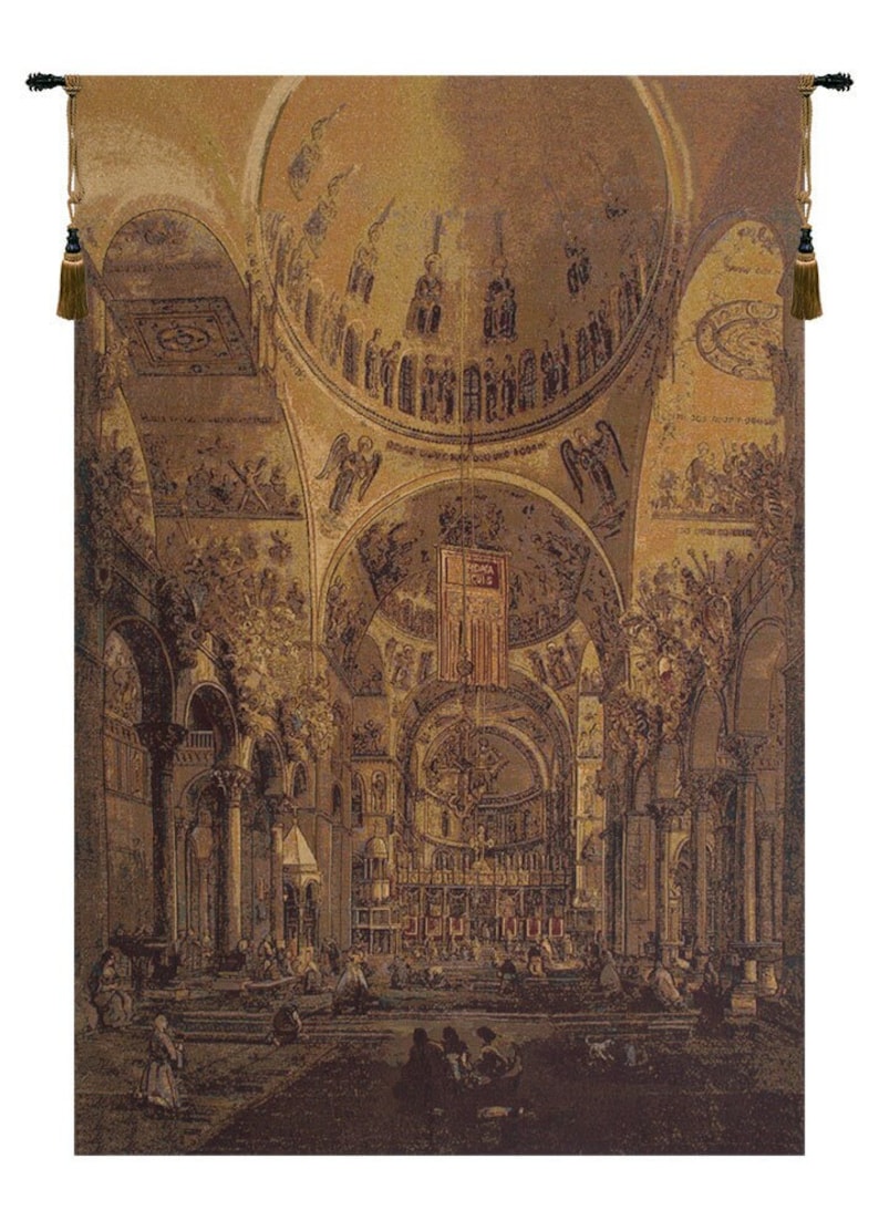 May include: A tapestry depicting the interior of a cathedral with a high vaulted ceiling and intricate details. The tapestry is in shades of brown and gold, with a hint of red in the banner hanging from the ceiling.