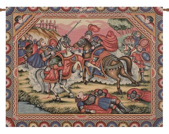 Ronald's Battle European Wall Tapestry - Medieval Wall Decor Art - Woven Italian Wall Tapestry - Knight and Soldiers with Horse Wall Hanging