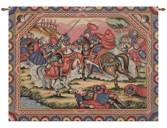Medieval Knight Wall Tapestry: European Battle Scene, Woven in Italy