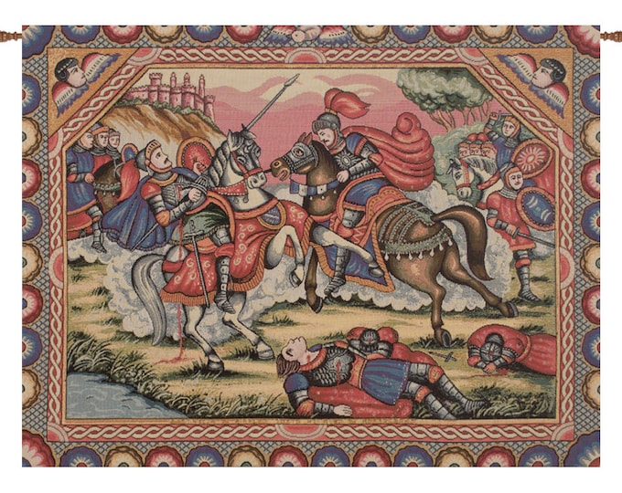 Medieval Knight Wall Tapestry: European Battle Scene, Woven in Italy