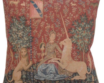 The Sight I Tapestry Cushion Cover - Lady and the Unicorn Art Pillow Cover - Woven Medieval Cushion Cover - 14x14 inch Throw Pillow Cover